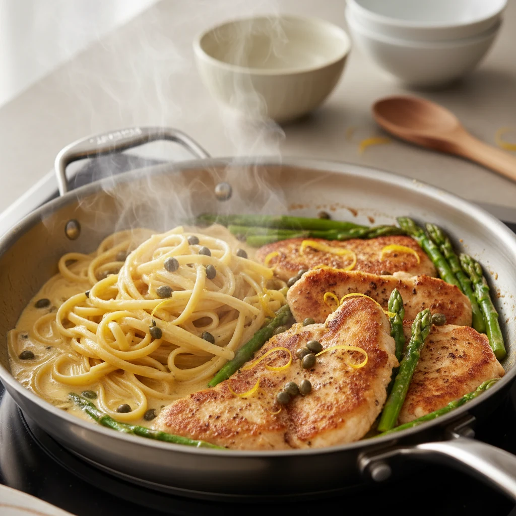 Food photography, 1. Cooking process — glossy lemon-parmesan sauce emulsifying as linguine is tossed in a skillet; golde