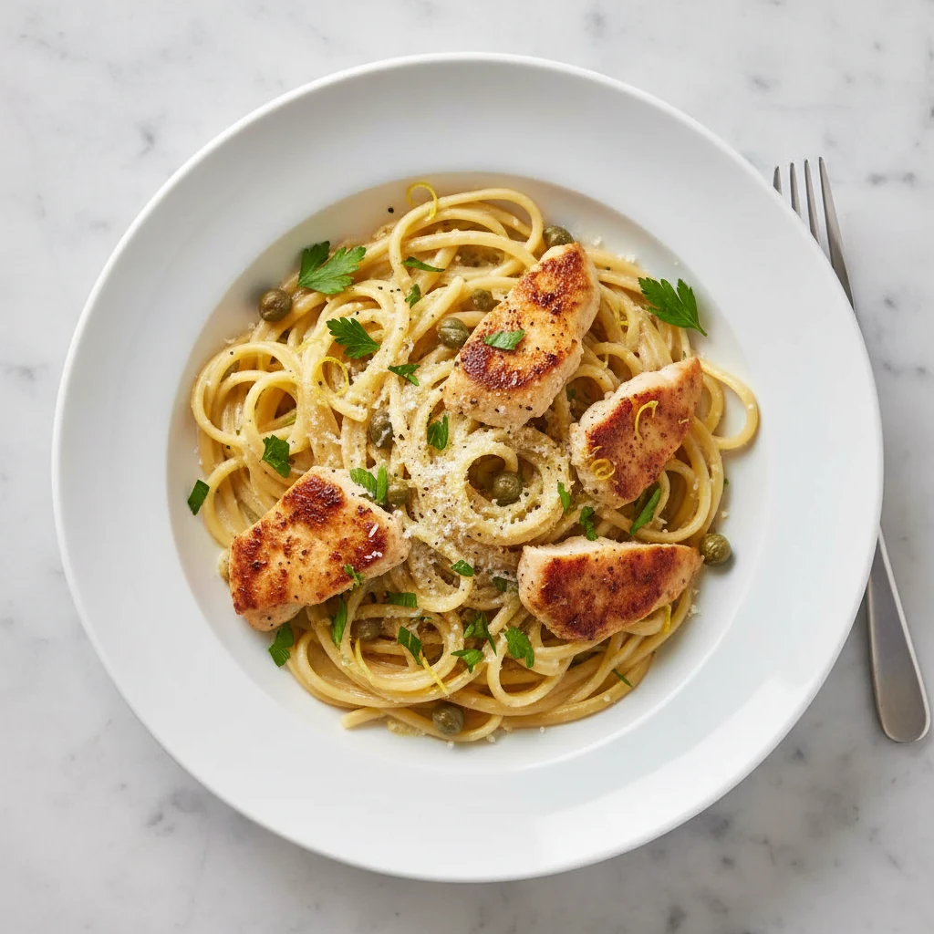 Food photography, 2. Overhead final plate — lemon chicken linguine elegantly plated: al dente strands, juicy chicken sli