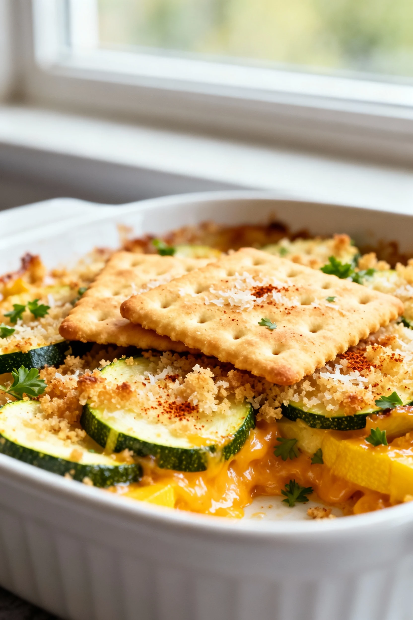 Close-up of golden buttery cracker–Parmesan topping with a hint of smoked paprika on baked zucchini and yellow squash ca