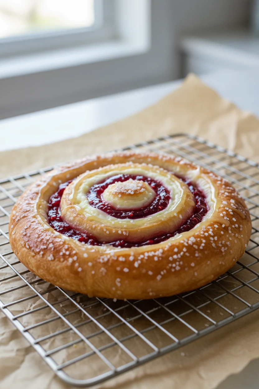 Close-up of a raspberry–cream cheese pinwheel Danish: golden, flaky layers with egg-wash sheen, coarse sugar sparkle, je