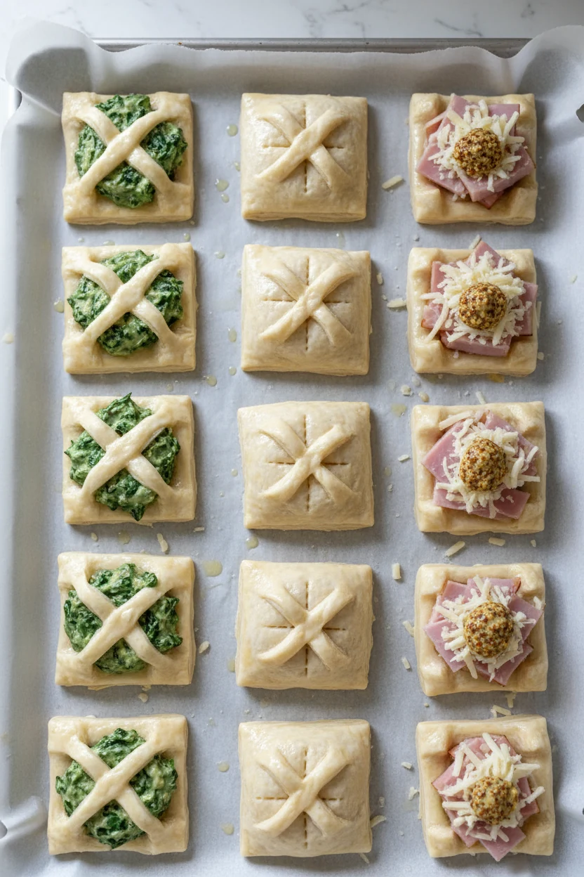 Cooking process: overhead shot of a parchment-lined tray with 2-inch puff pastry squares, lightly scored and docked, cen