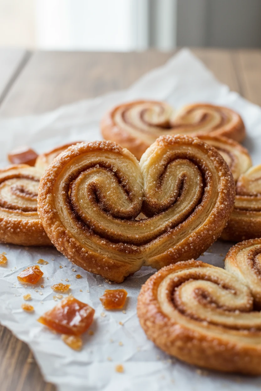 1. Close-up of puff pastry cinnamon sugar palmiers: crisp caramelized edges, amber sugar gloss, tight laminated layers, 