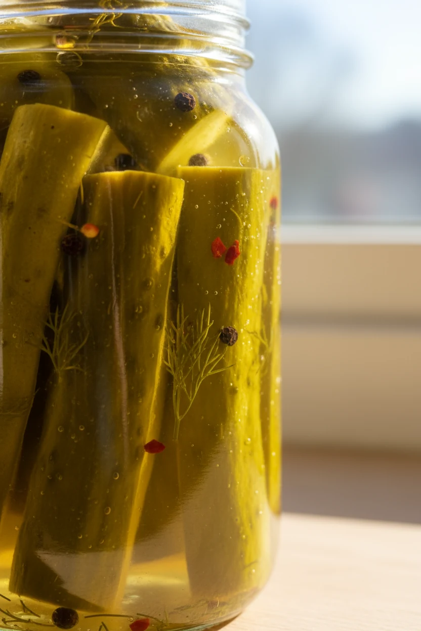 Close-up of sliced pickled cucumber spears glistening in hot brine with flecks of red pepper flakes, black peppercorns, 