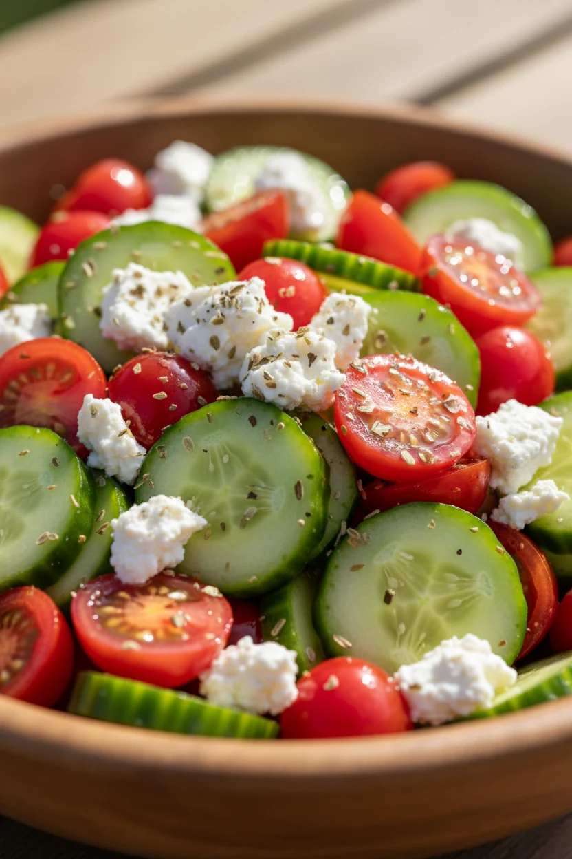 Close-up of Greek cucumber tomato salad freshly tossed, showcasing glistening halved cherry tomatoes, crunchy cucumber h