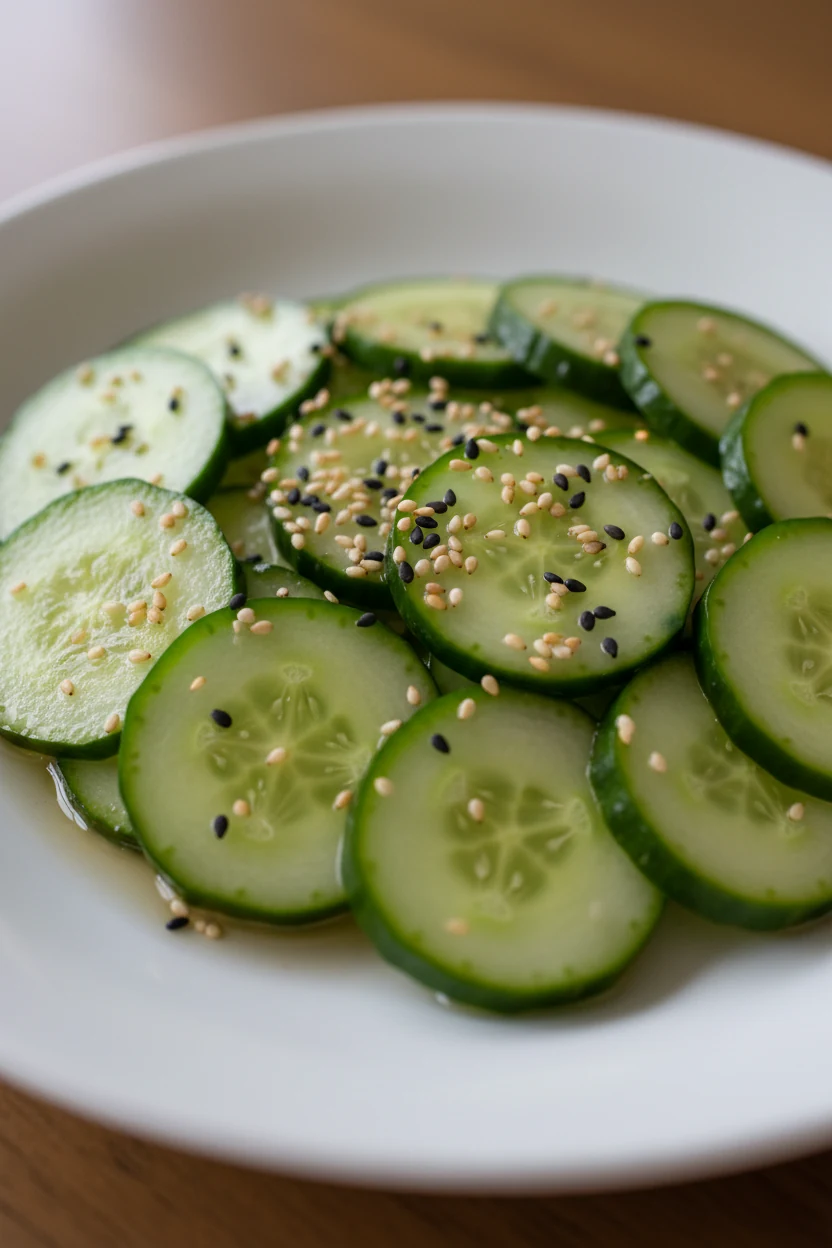 Close-up of thinly sliced Japanese cucumber rounds glistening in tangy rice vinegar dressing, sprinkled with toasted ses