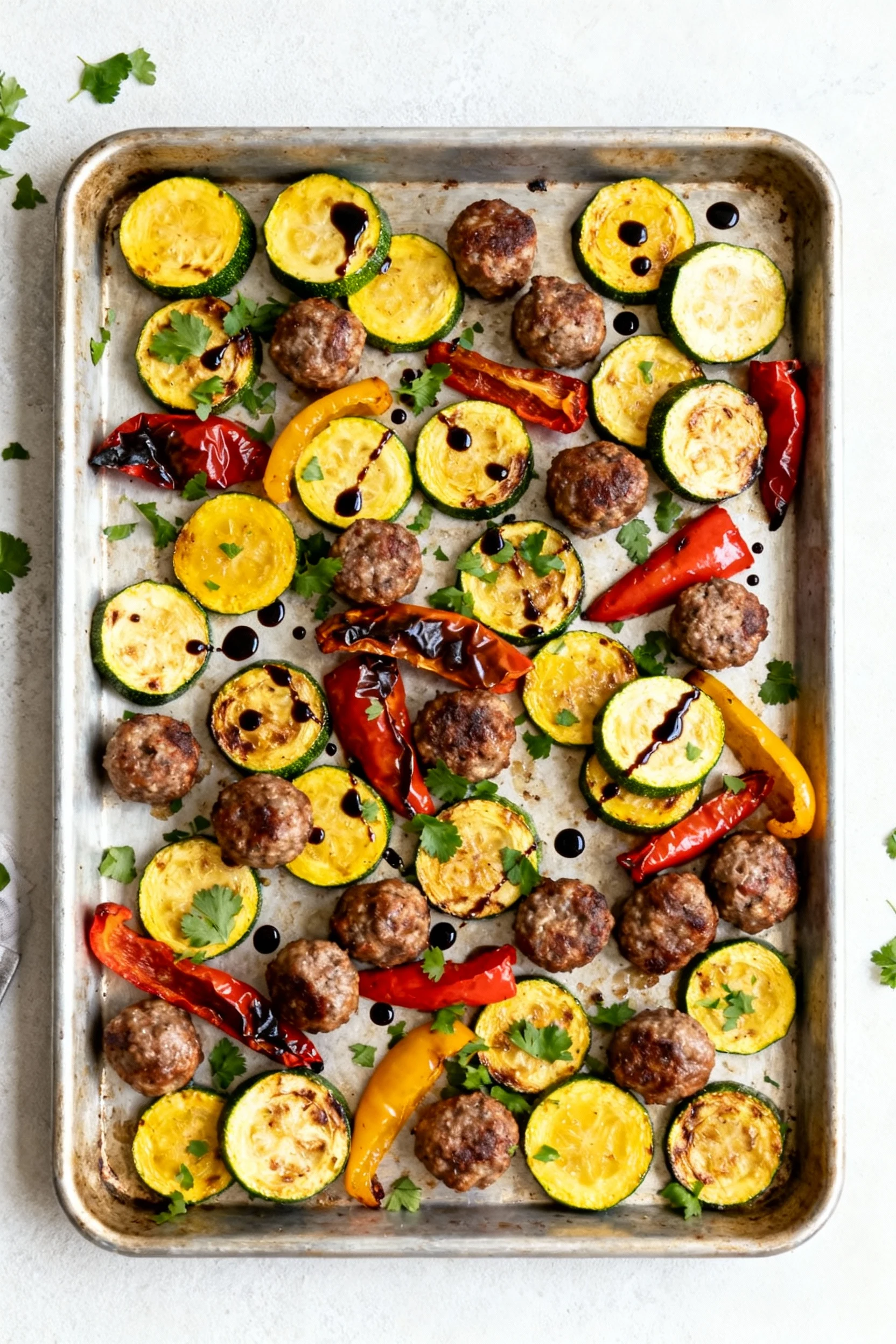 Overhead shot of sheet-pan sausage, squash, and peppers: caramelized zucchini and yellow squash coins with browned Itali