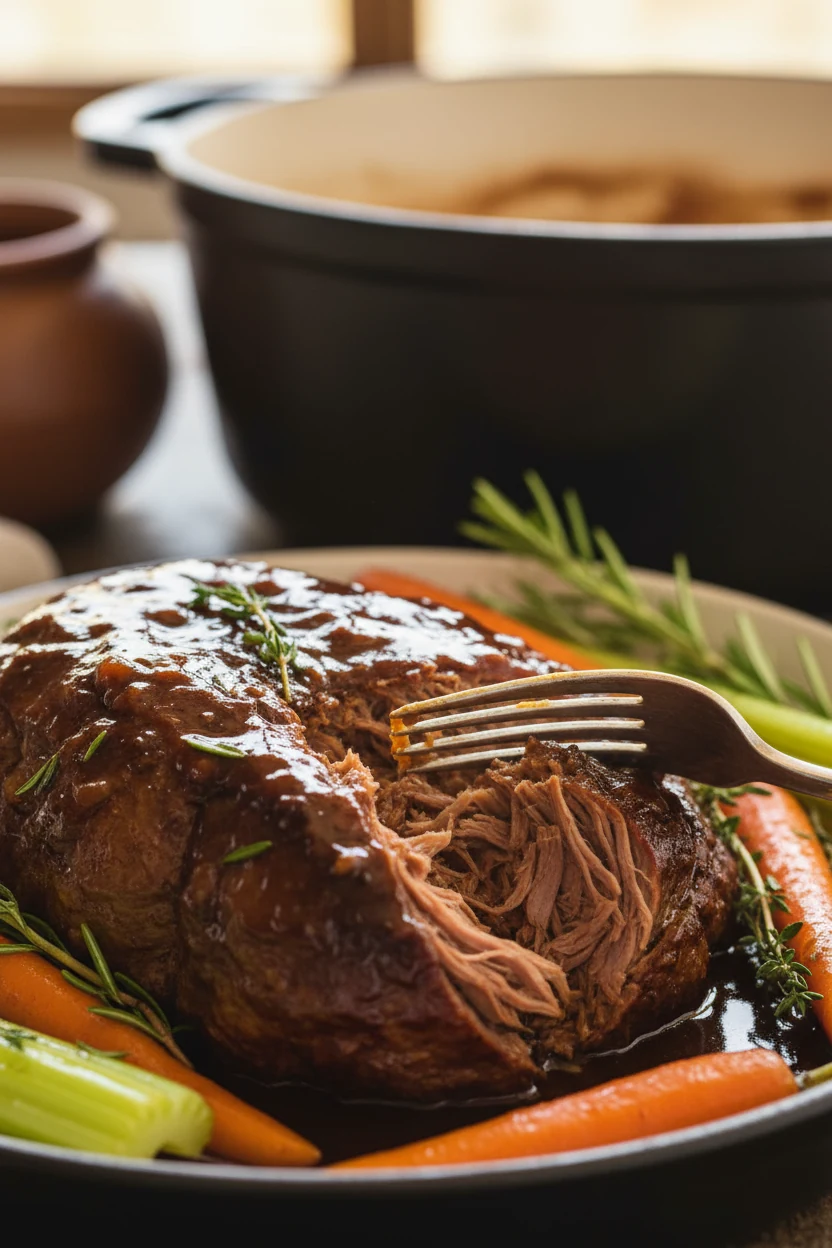 Close-up of the braised chuck roast just out of the Dutch oven, tender meat pulling apart with a fork, rich brown gravy 