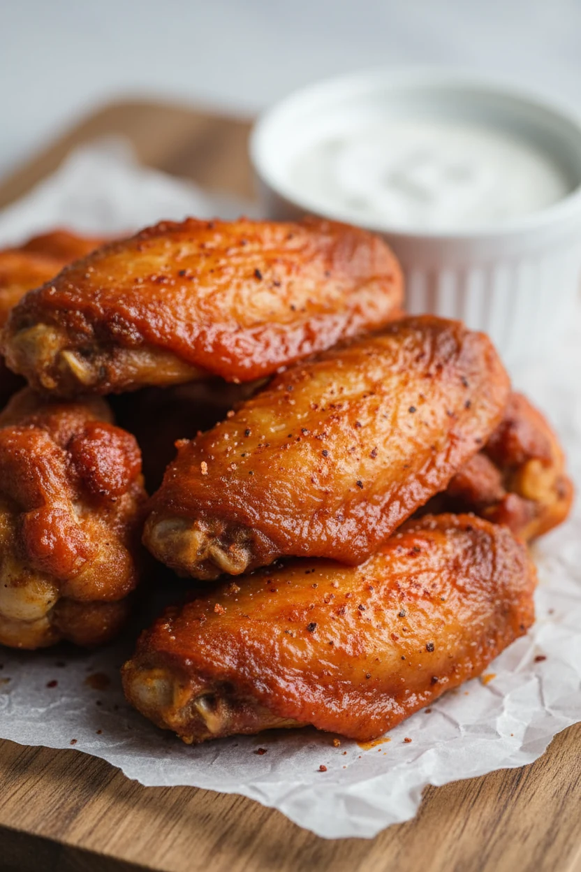 Close-up of golden-brown air-fried chicken wings coated in glossy buffalo sauce, flecks of smoked paprika visible, with 