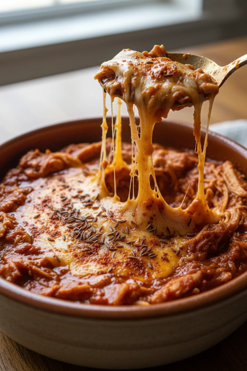 Close-up of tender shredded chicken in rich tomato-chili sauce, melted cheddar strands pulling away, flecks of smoked pa