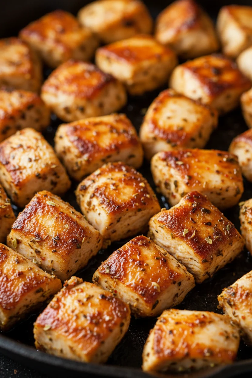 Close-up of golden-seared diced chicken pieces coated in smoked paprika, oregano, and cumin, glistening in olive oil wit