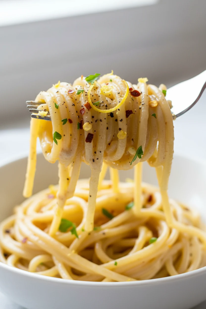 1. Close-up of spaghetti twirl coated in glossy garlic–Parmesan sauce, speckled with crushed red pepper, cracked black p