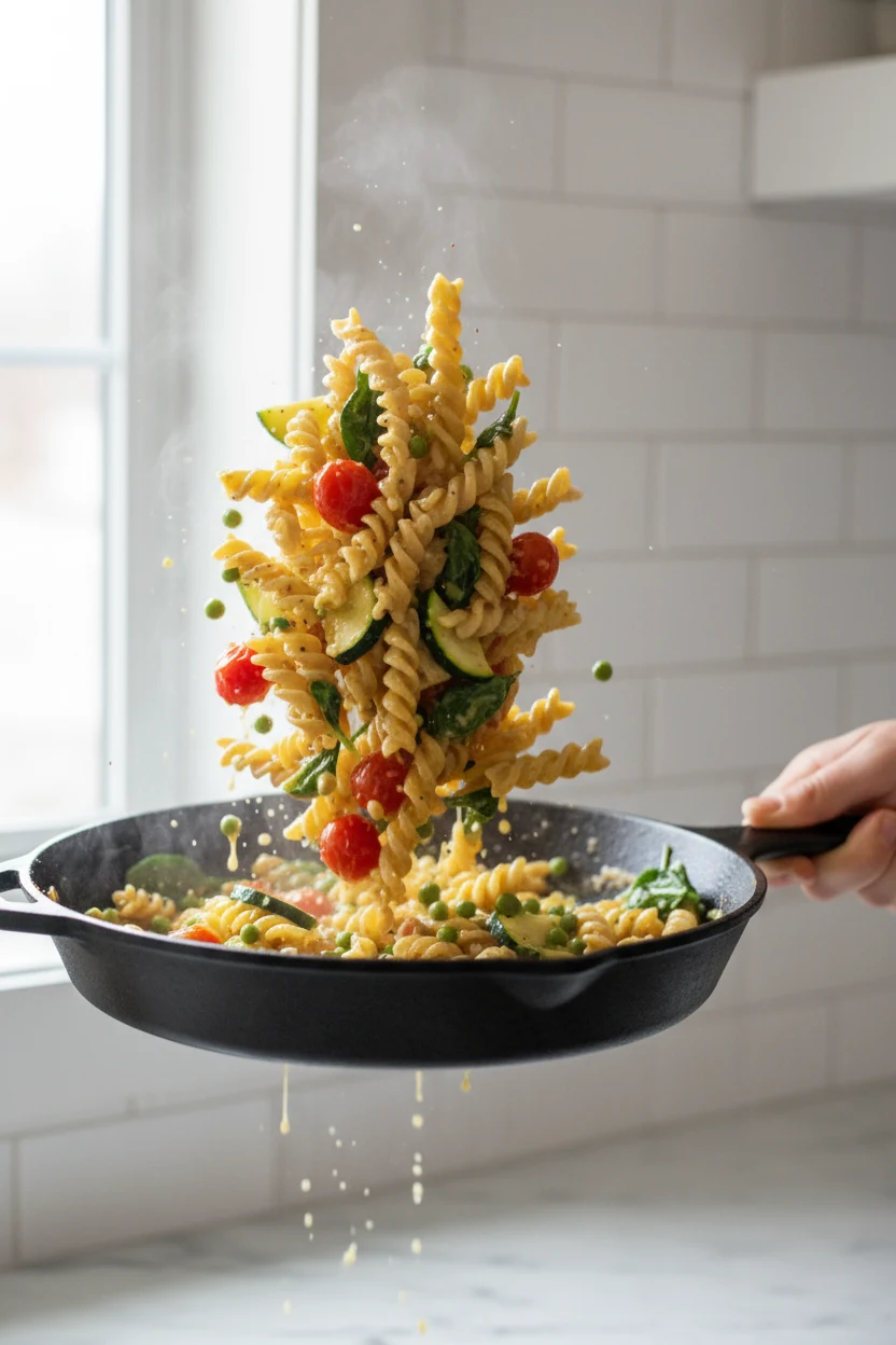 1. Skillet toss: whole-wheat fusilli with sautéed cherry tomatoes, zucchini, peas, and wilted spinach being vigorously c