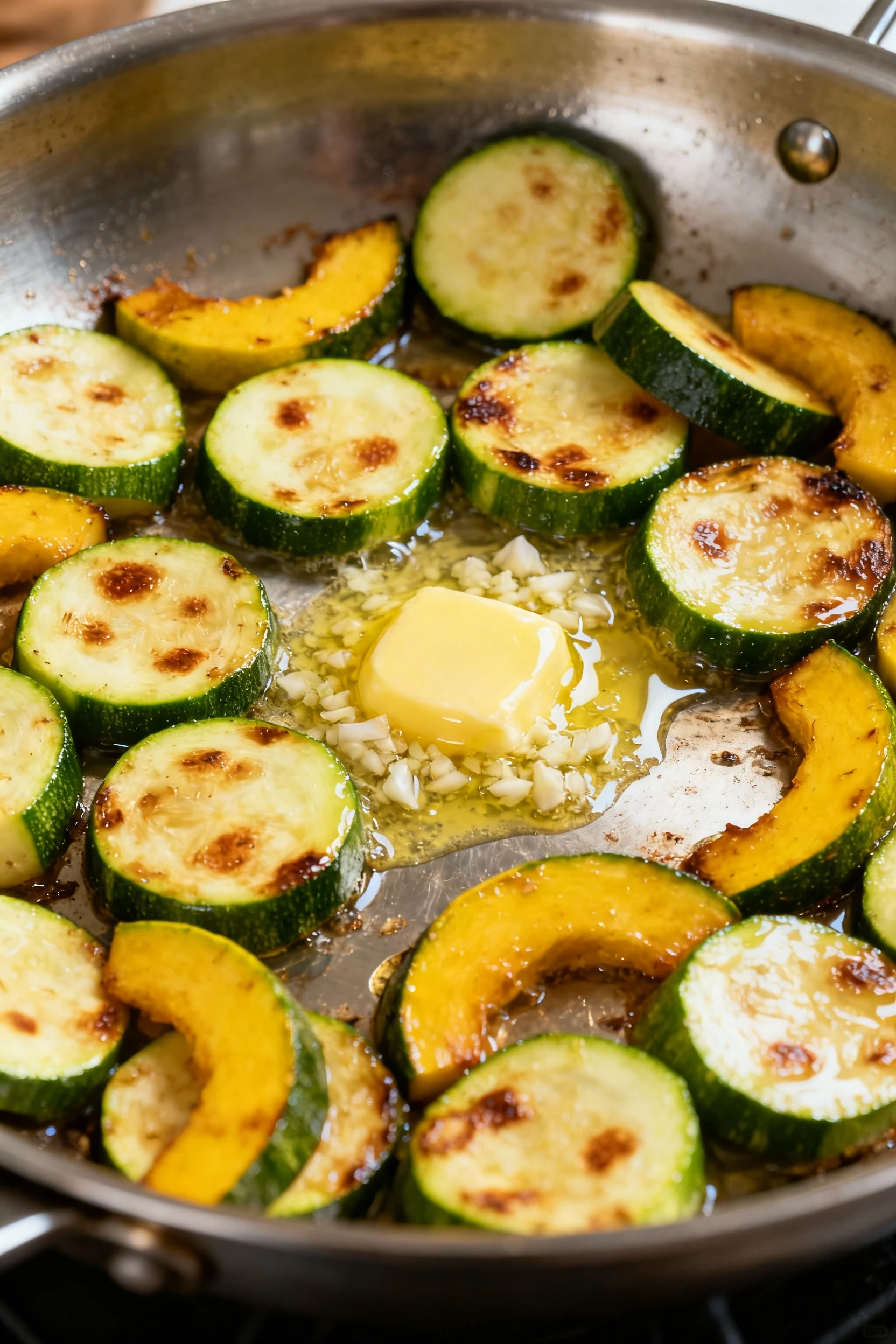 Sauteed zucchini and yellow squash half-moons sizzling in a large stainless skillet during the garlic-butter bloom—cente
