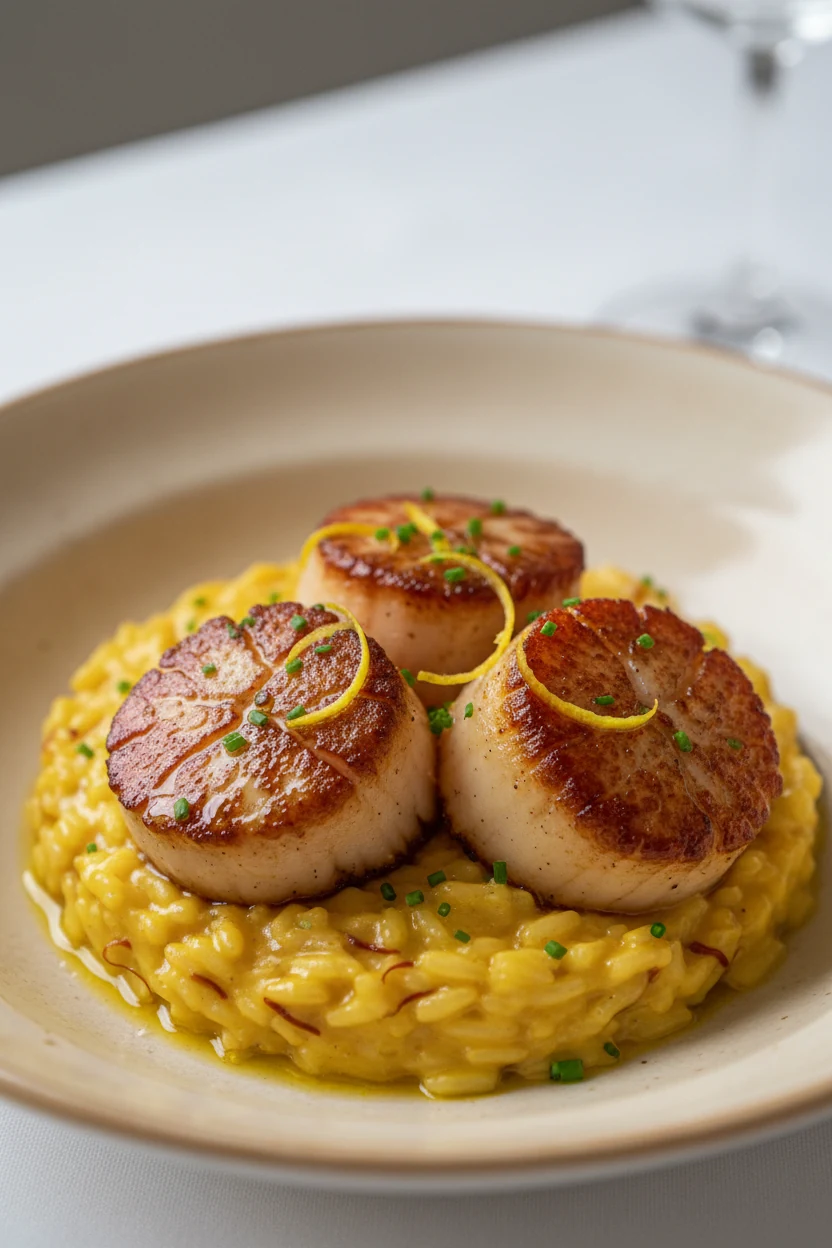 1. Close-up of seared sea scallops with a deep golden crust nestled atop creamy saffron‑tinted arborio risotto, glossy f