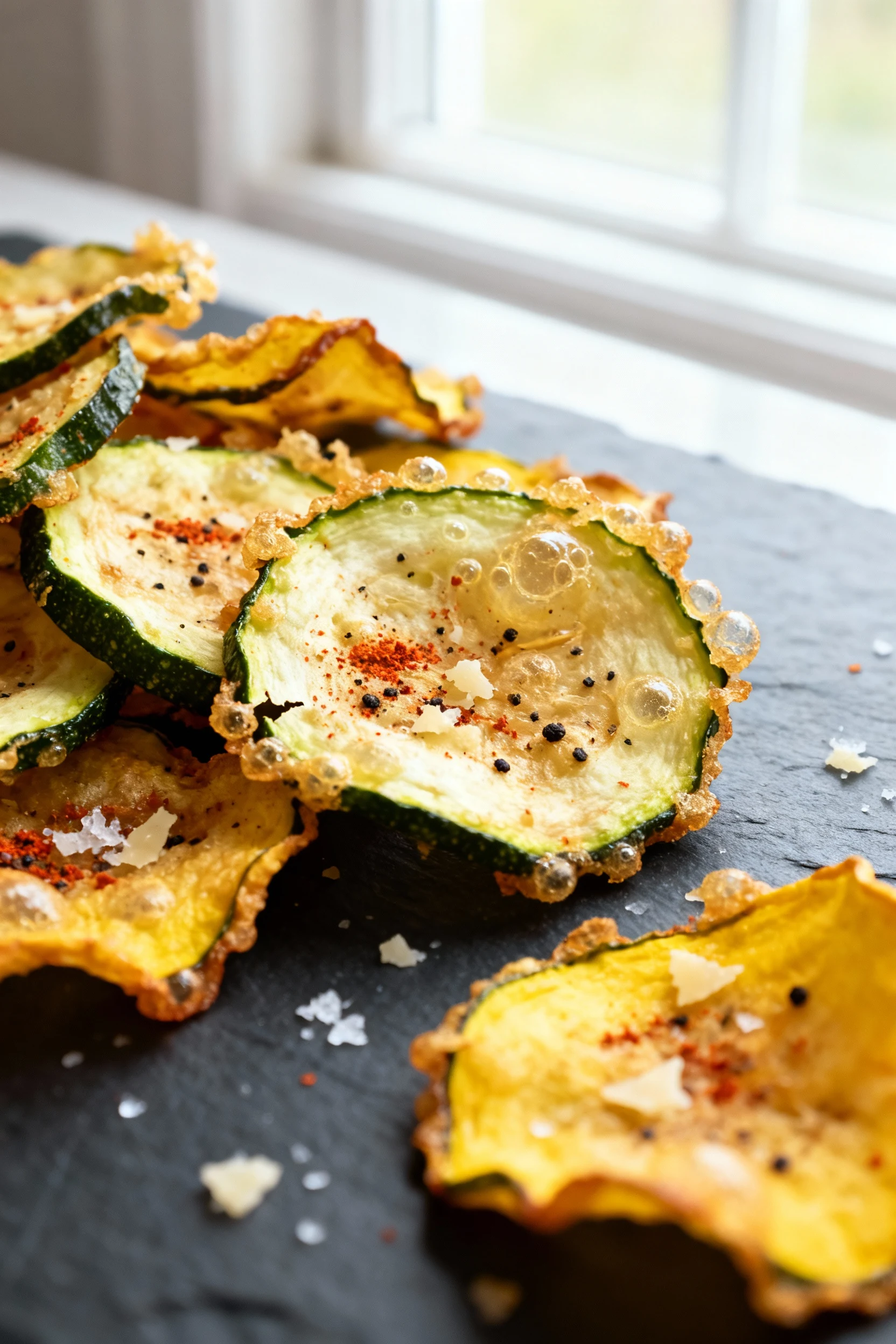 Close-up of crispy zucchini and yellow squash chips with golden, shatter-crisp edges, micro-bubbles, paprika and black p
