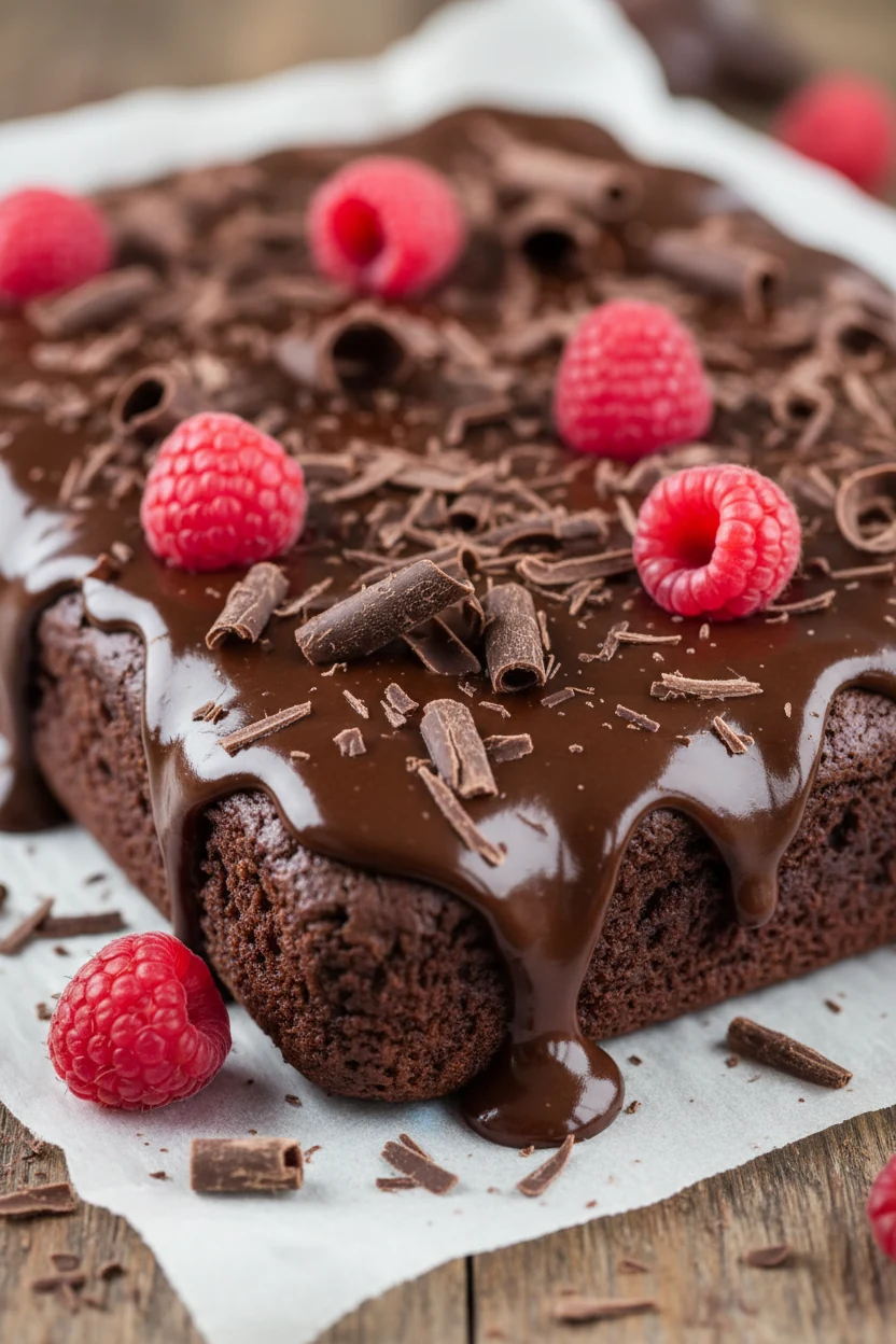Close-up of freshly baked fudgy chocolate brownies with glossy ganache drizzle, topped with delicate chocolate shavings 