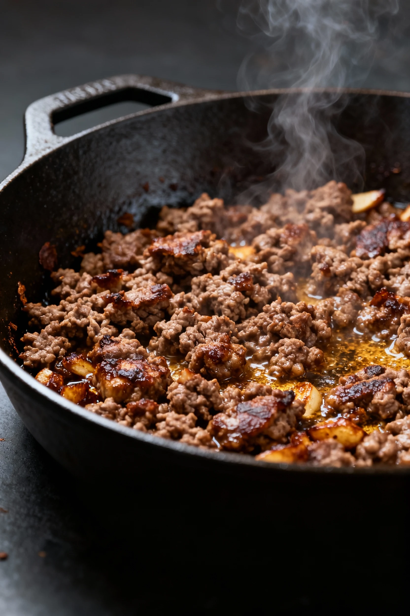 Cooking process: sizzling ground beef browning in a wide cast-iron skillet, deep caramelized crust and browned bits (fon