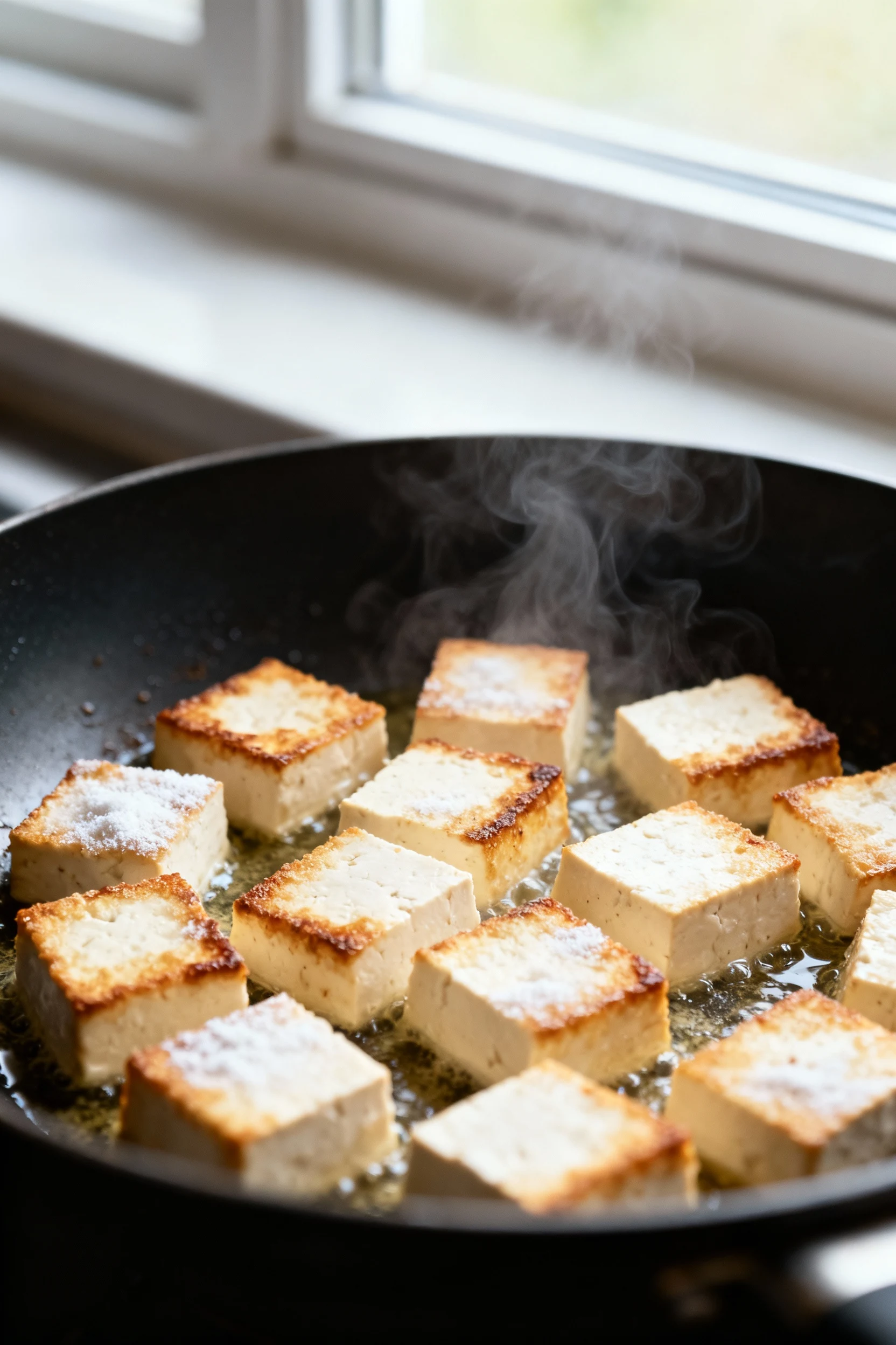 Close-up skillet process: extra-firm tofu cubes, cornstarch-crisped, sizzling in neutral oil, deep golden edges, micro s