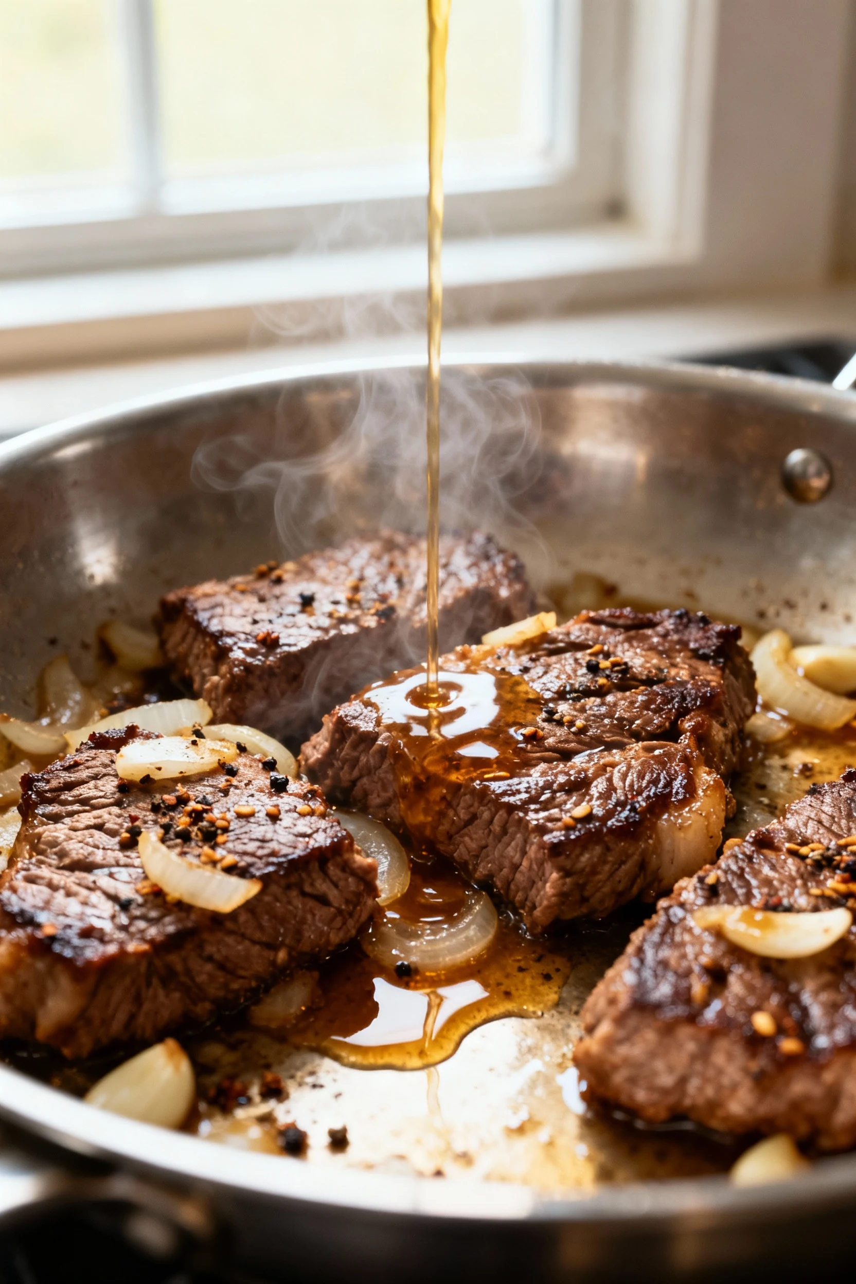 Cooking process — Close-up of Instant Pot taco meat as broth deglazes the pan: mahogany-browned beef with sautéed onion 