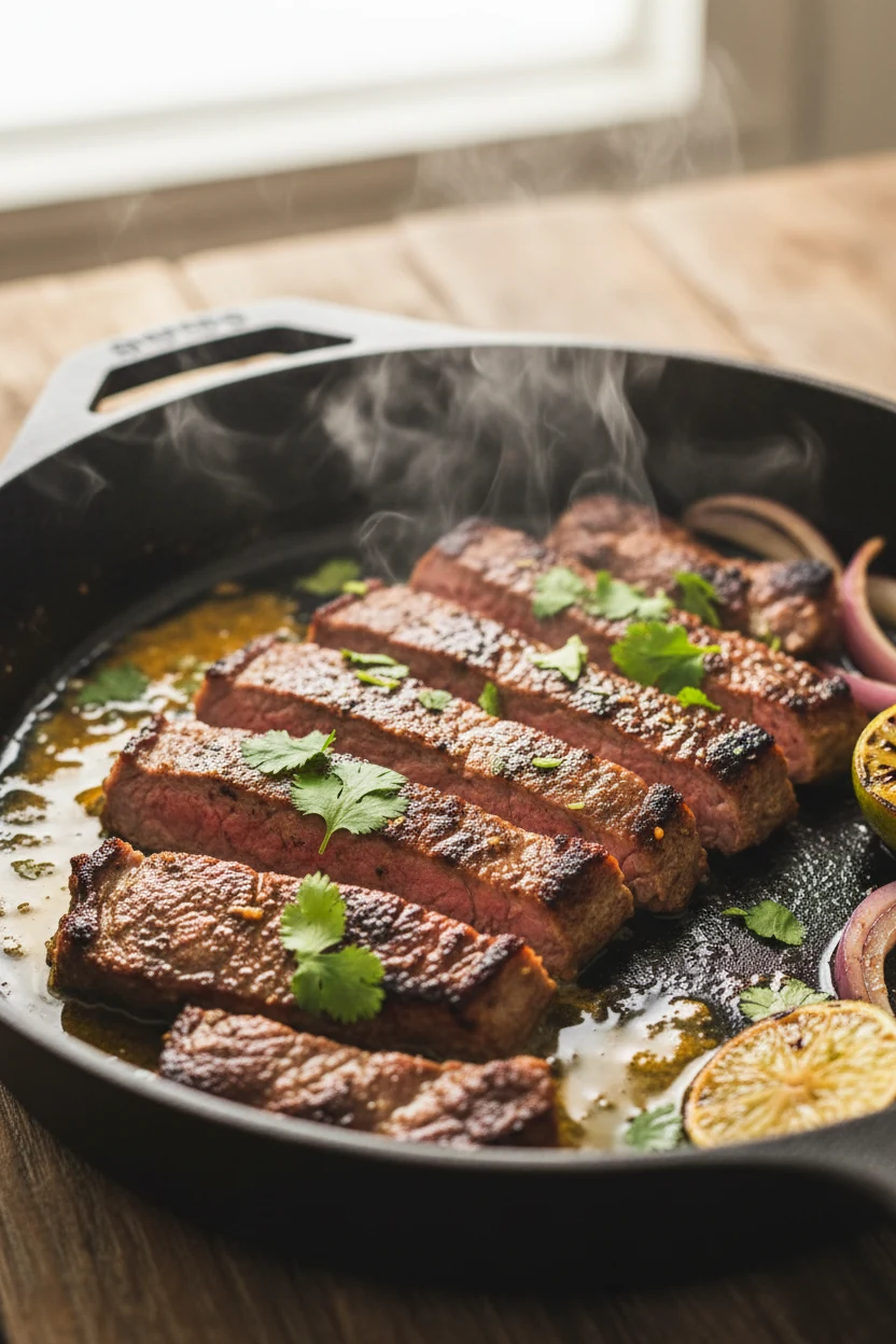 Close-up of sizzling sliced carne asada in a cast-iron skillet, charred edges glistening with citrus-infused juices, fre