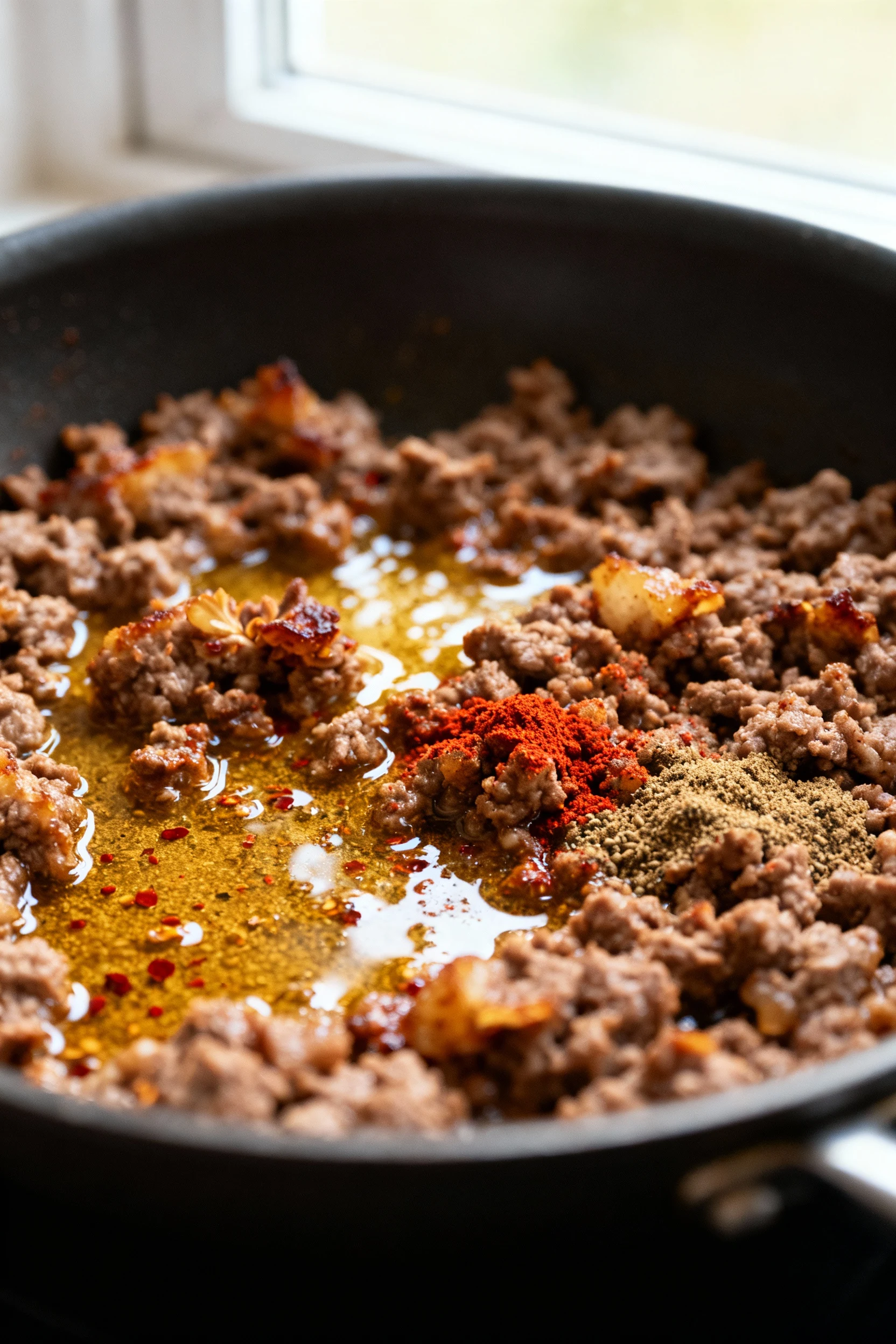 Close-up of browned ground beef as seasoning blooms in fat: caramelized edges, spice-speckled crumbles (paprika-chili re