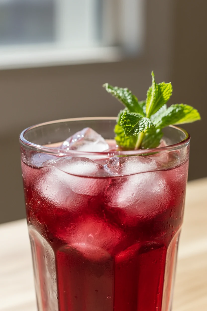 Close-up of vibrant ruby-red Hibiscus Cooler in a clear glass filled with clinking ice cubes, agave-sweetened liquid cat