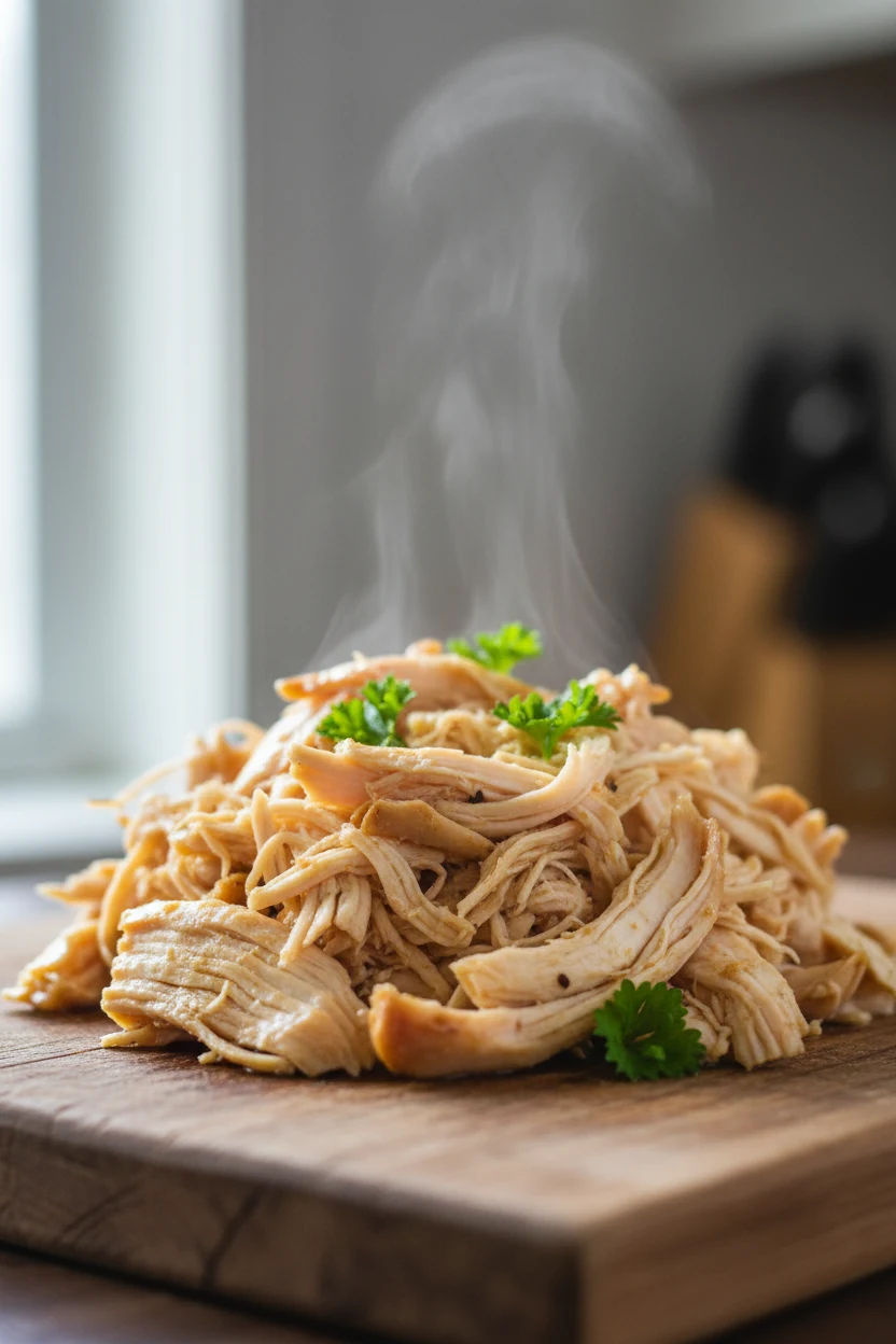 Close-up of freshly shredded Instant Pot chicken with visible tender fibers and steam rising, juicy texture glistening w