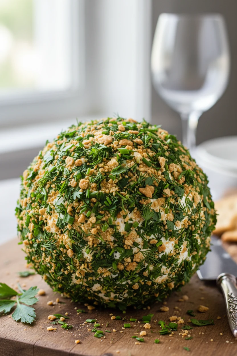 Close-up detail of a perfectly shaped cheese ball coated evenly with finely chopped fresh herbs and crushed crackers, hi