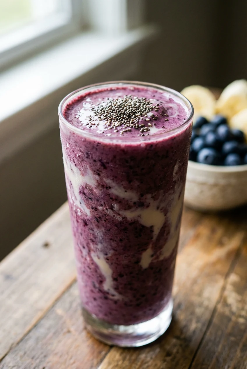 Close-up of a frosty blueberry-banana smoothie in a tall clear glass, rich purple hue swirling with creamy almond milk s
