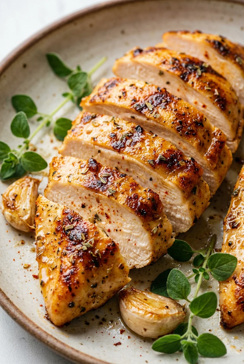 Close-up of golden-seared chicken breast slices with a glistening garlic-butter sheen, sprinkled with smoked paprika and