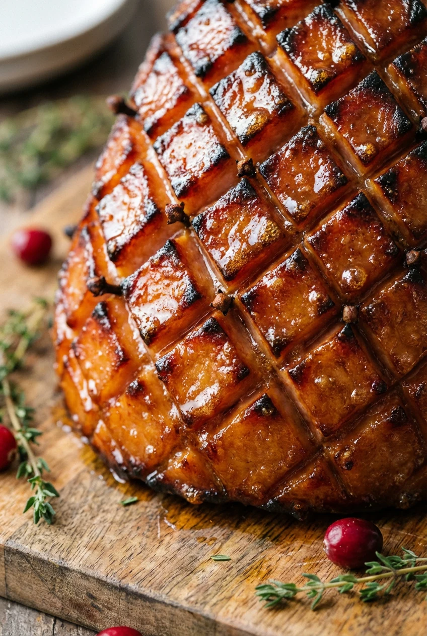 Close-up detail of caramelized holiday ham surface, scored in criss-cross pattern and glistening with thick maple-brown 