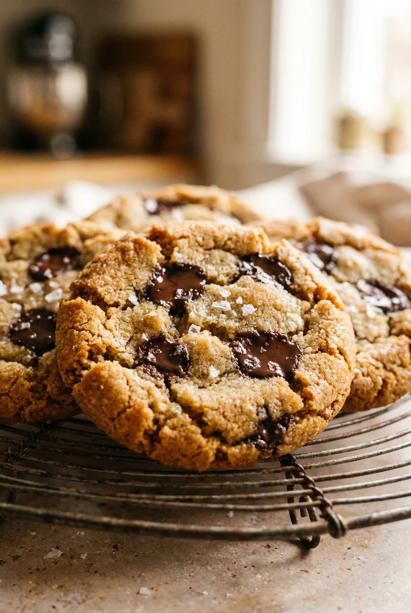 Close-up of freshly baked almond flour cookies with golden edges and chewy centers, resting on a wire rack, shallow dept
