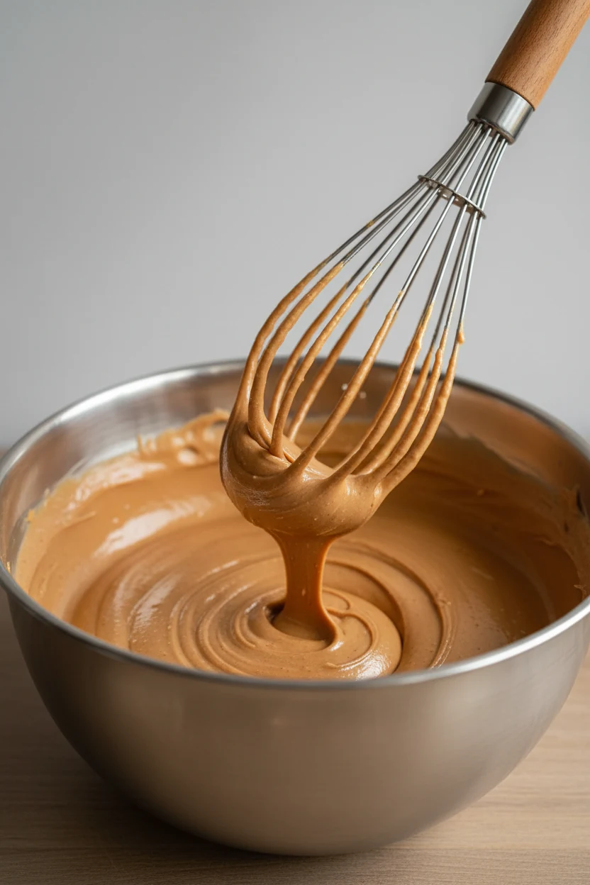 Close-up of glossy peanut butter frosting mid-stir in a medium bowl, whisk trails showing the silky, thick-yogurt consis