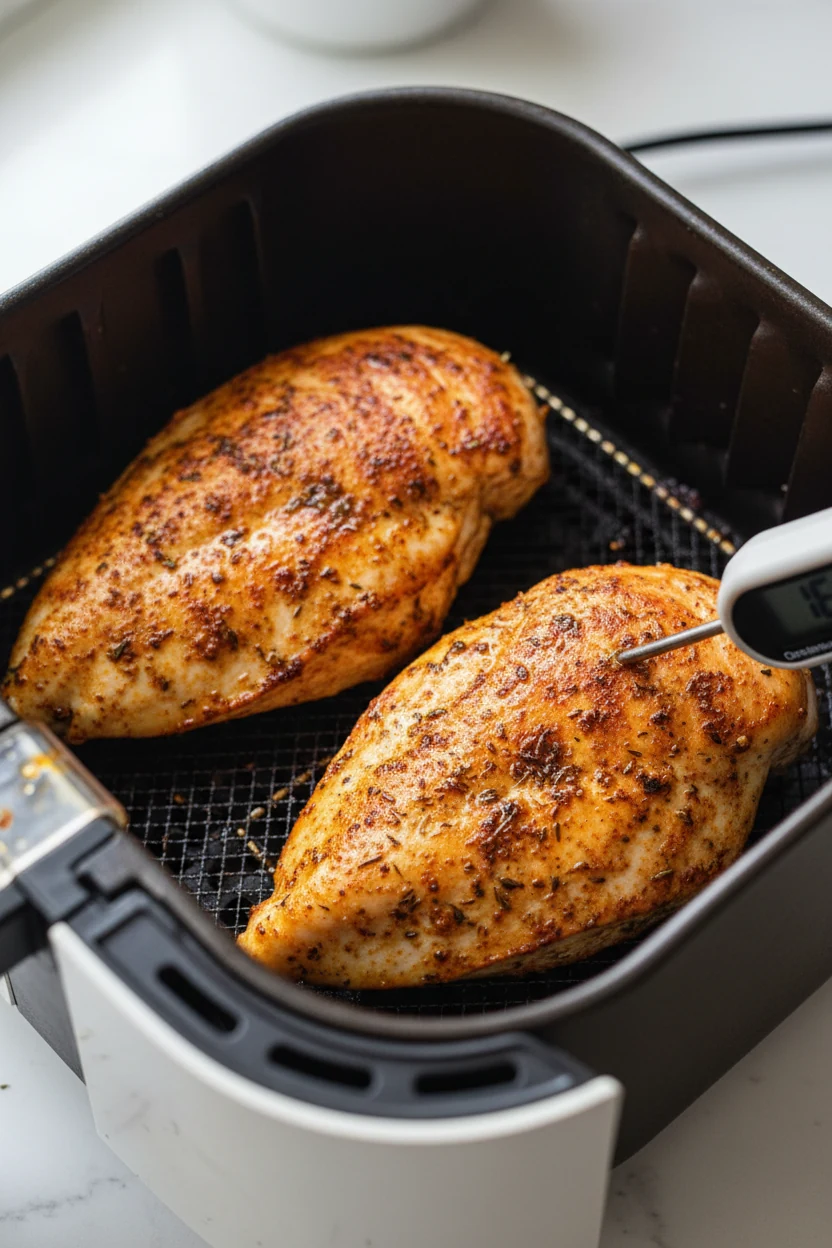 Air fryer basket open with two golden-brown, no-breading chicken breasts arranged in a single layer with space between p