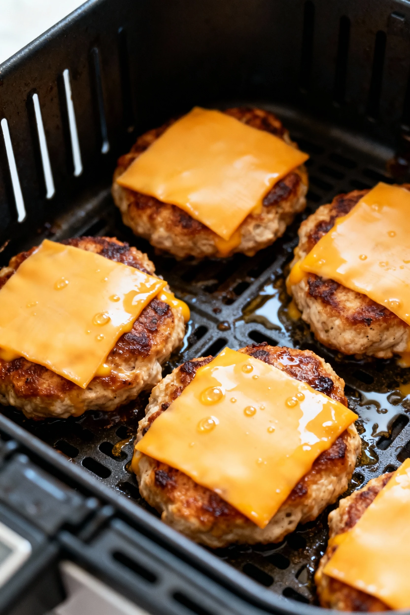 Air fryer chicken patties cooking at 375°F: close-up of patties in the basket with cheddar slices melting in the last mi
