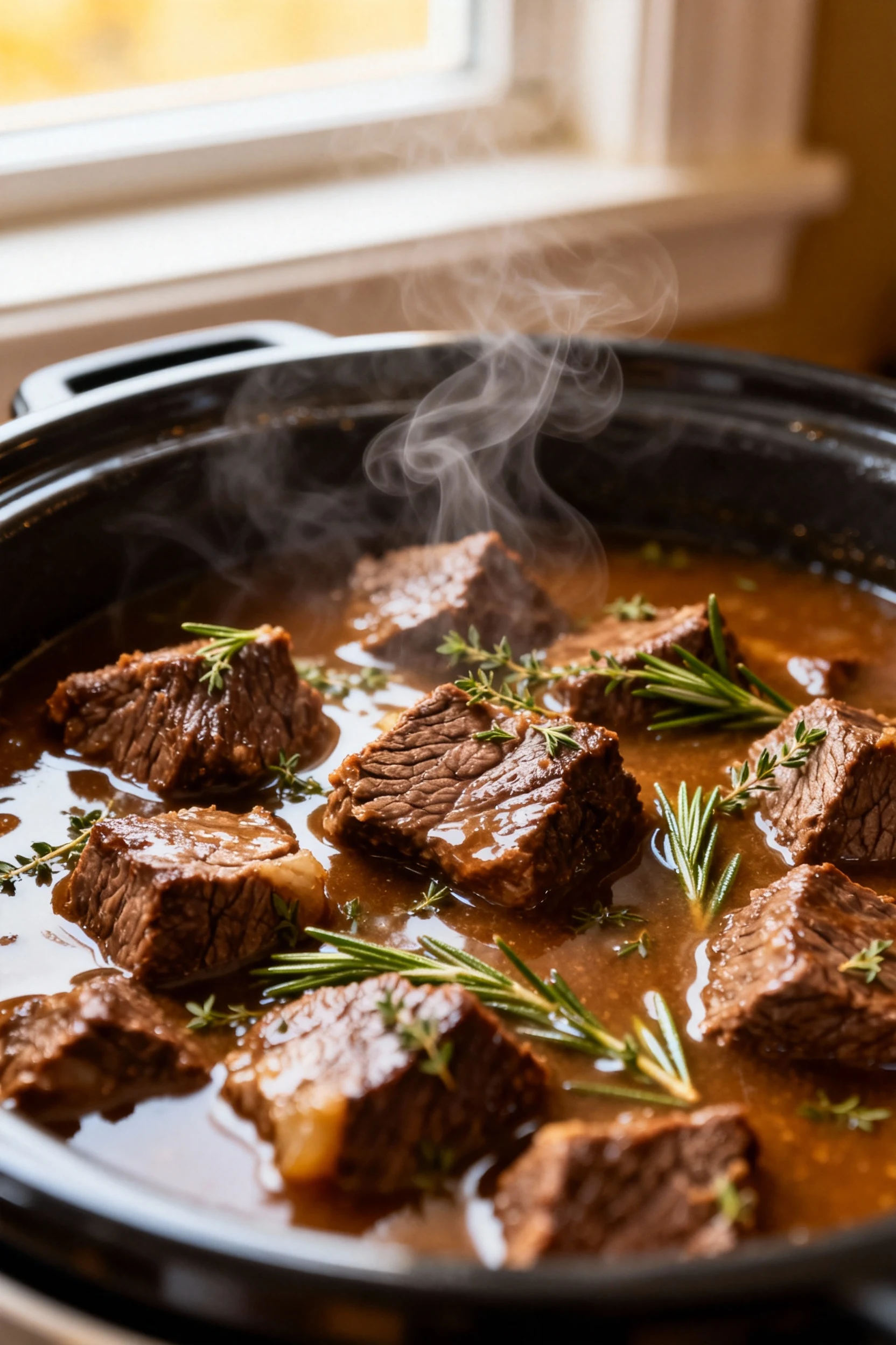 Close-up of tender Instant Pot venison cubes nestled in rich, glossy gravy, flecked with rosemary and thyme, steam curli