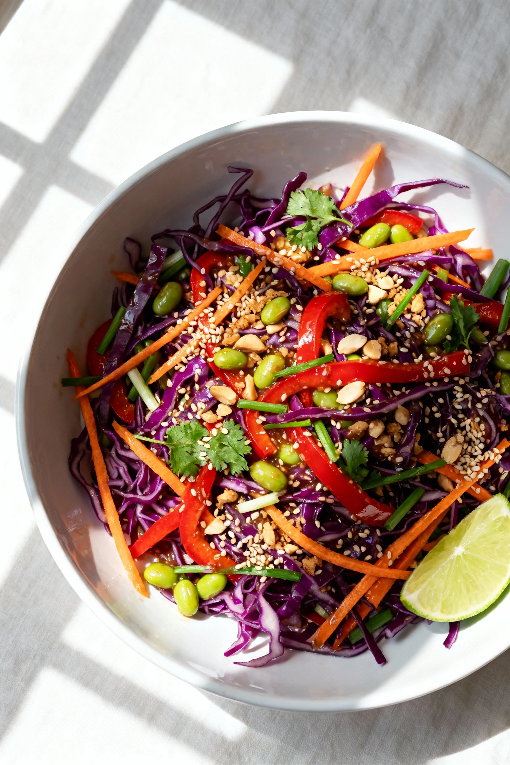 Overhead shot of Crunchy Asian Red Cabbage Salad in a wide white ceramic bowl: thin purple cabbage ribbons, orange carro