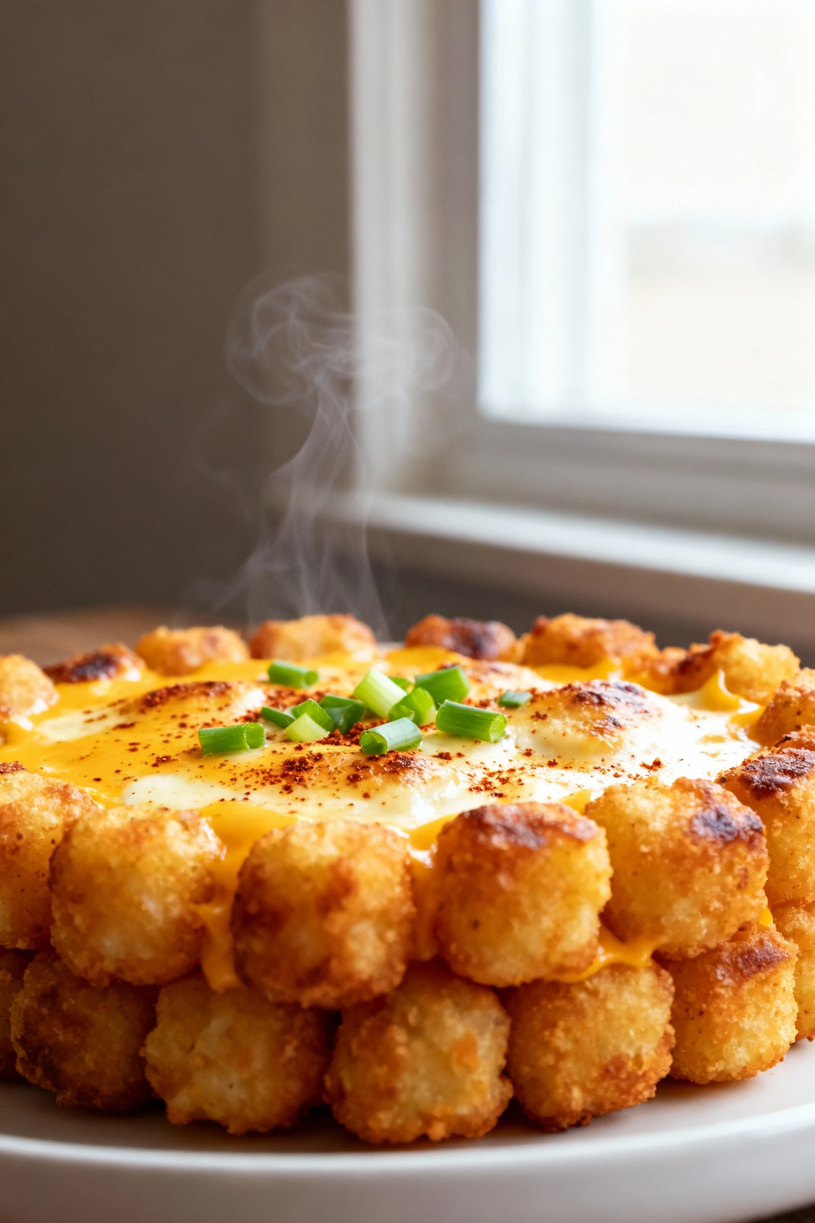 Food photography, Close-up detail: extreme close-up of the casserole’s crispy tater tot crust just out of the oven—golde