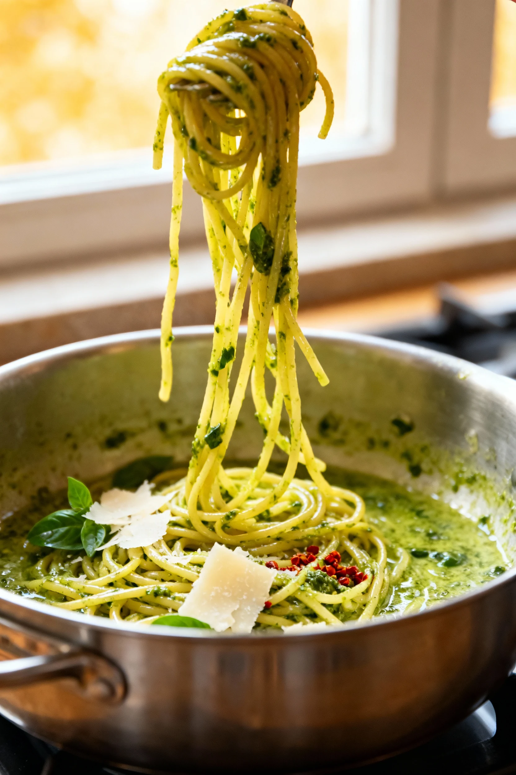 Classic Basil Pesto Spaghetti finished off-heat in a stainless pot: pesto emulsified with starchy pasta water, glossy st