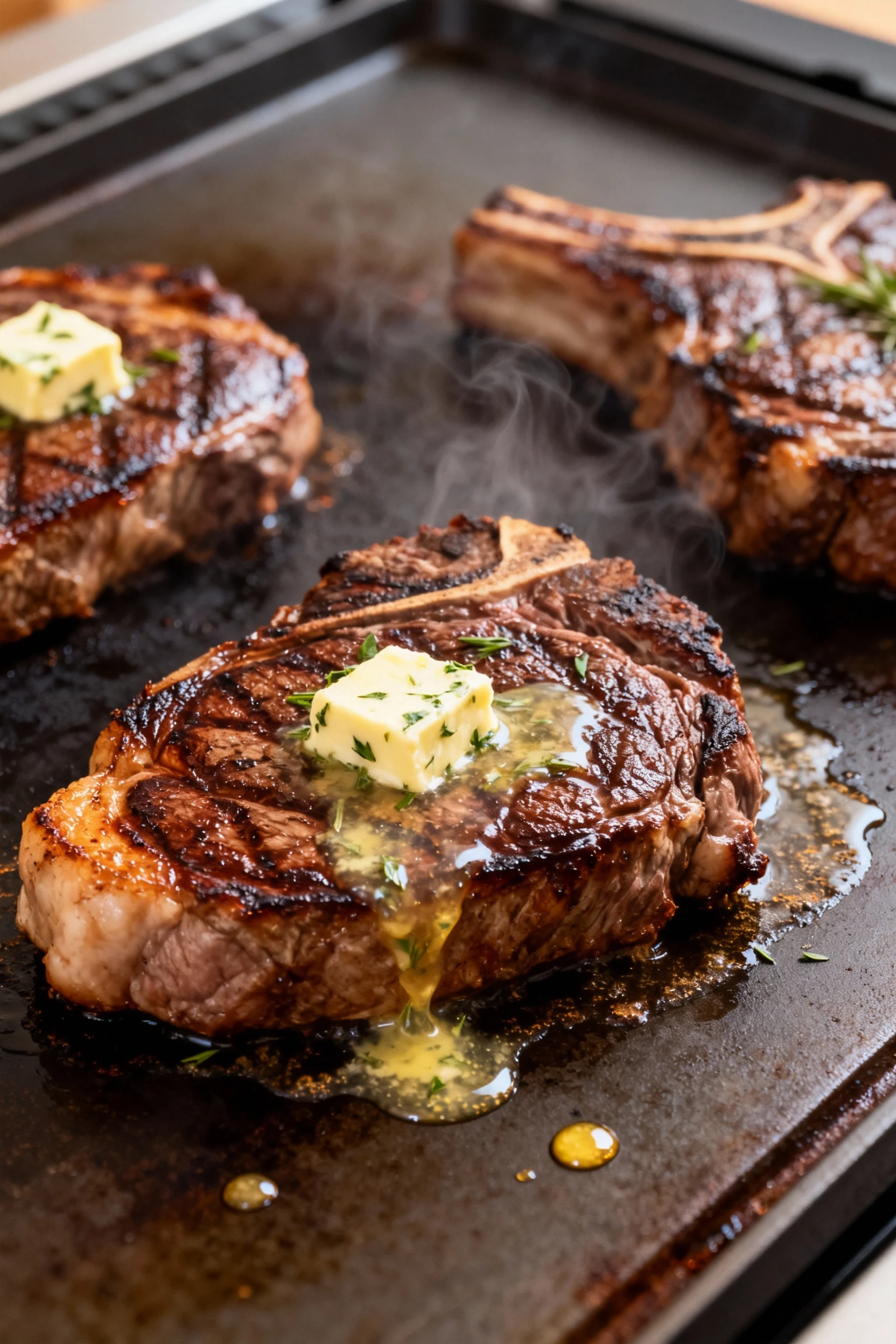 Cooking process: ribeye steaks searing on the high-heat zone (450–500°F) of a Blackstone griddle, deep mahogany crust fo