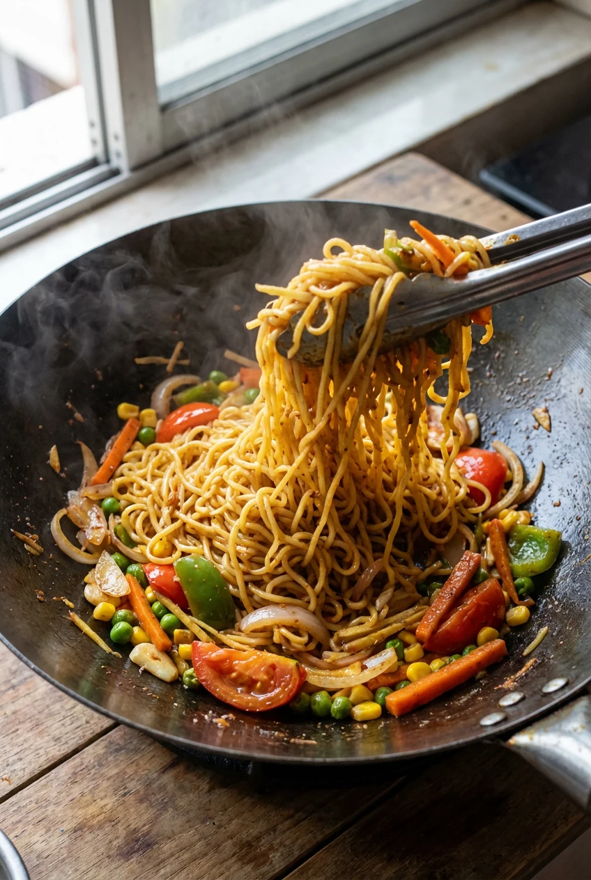 Veg Maggi noodles being tossed in a wide wok: tongs lift springy strands through glossy masala with sautéed onion, ginge