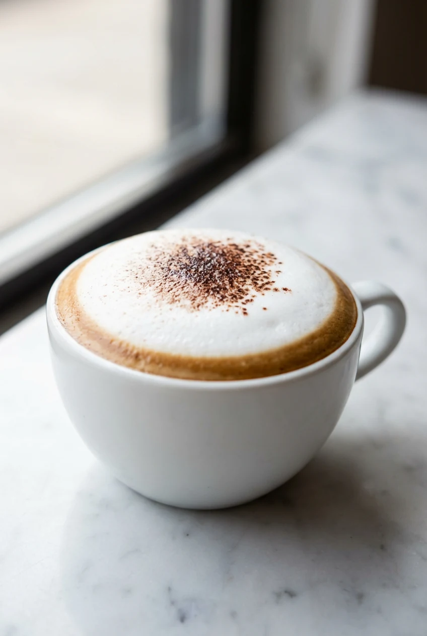 1. Close-up of classic cappuccino with airy, glossy hot foam piled high over bold espresso, clear 1/3 espresso–milk–foam