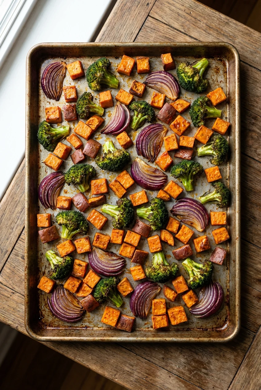 Overhead shot of a hot preheated bare sheet pan loaded with Smoky Paprika-Garlic roasted sweet potato cubes, broccoli fl