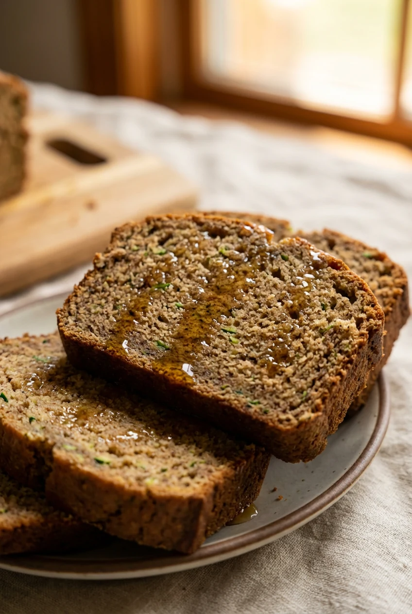 Macro close-up of a sliced healthy whole-wheat zucchini bread with fine green zucchini flecks, tender cinnamon-speckled