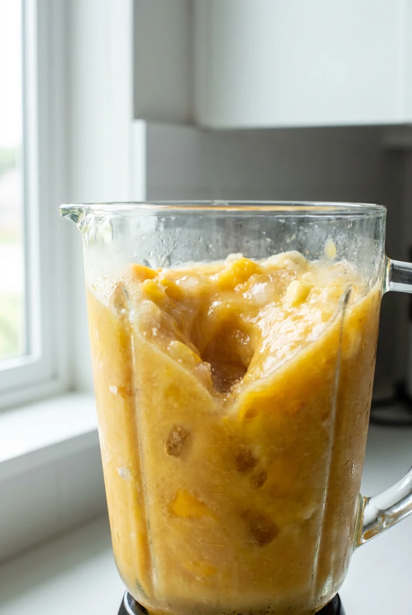 Blender jar mid-blend showing thick Tropical Sunrise smoothie (mango, pineapple, coconut water, banana) swirling in a go