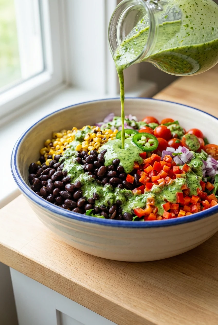 Cilantro-lime dressing being poured over the assembled black bean salad in a large ceramic bowl—glossy black beans (well