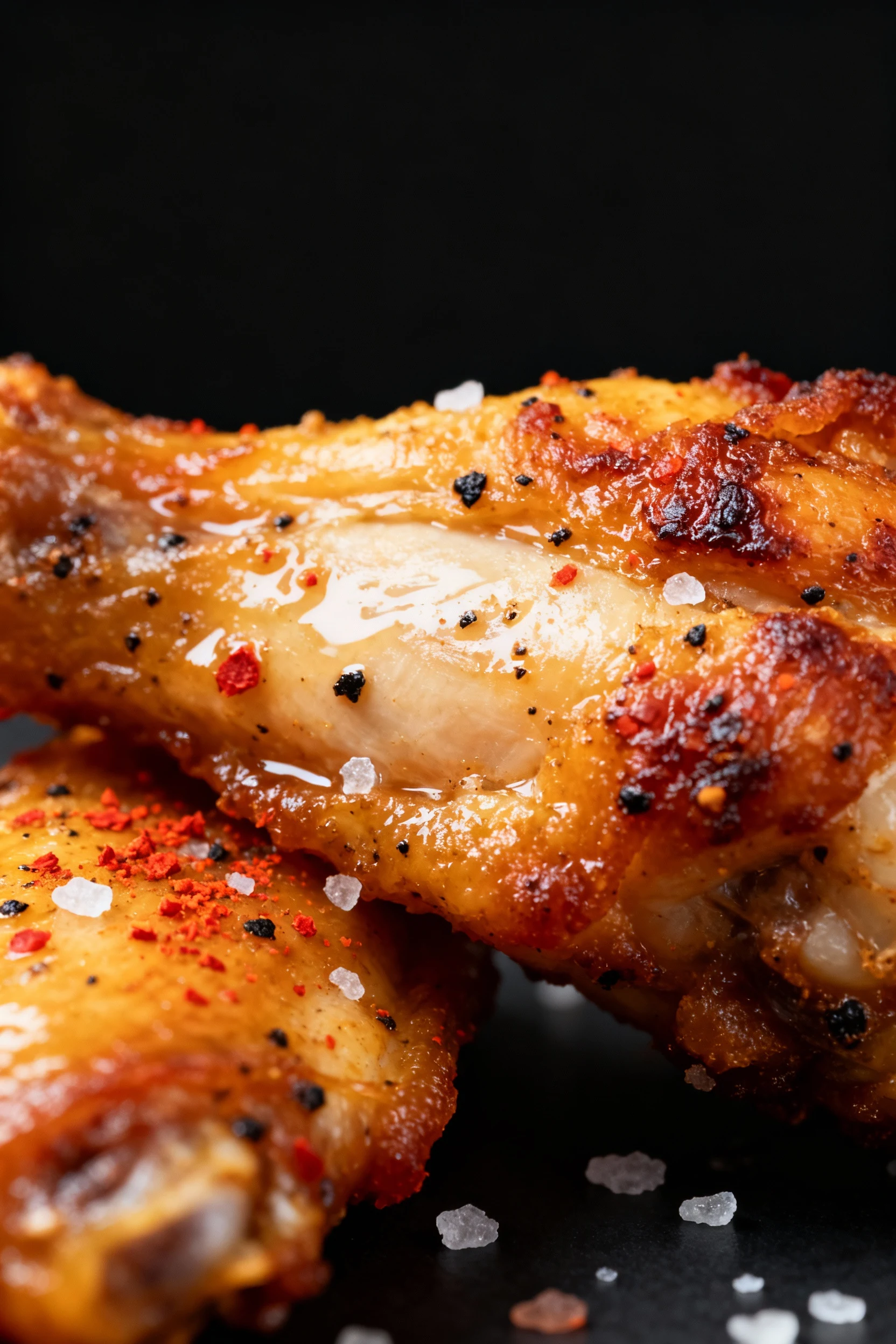 Extreme close-up of air-fried chicken wing: blistered, golden-brown skin with paprika and black pepper specks, tiny salt