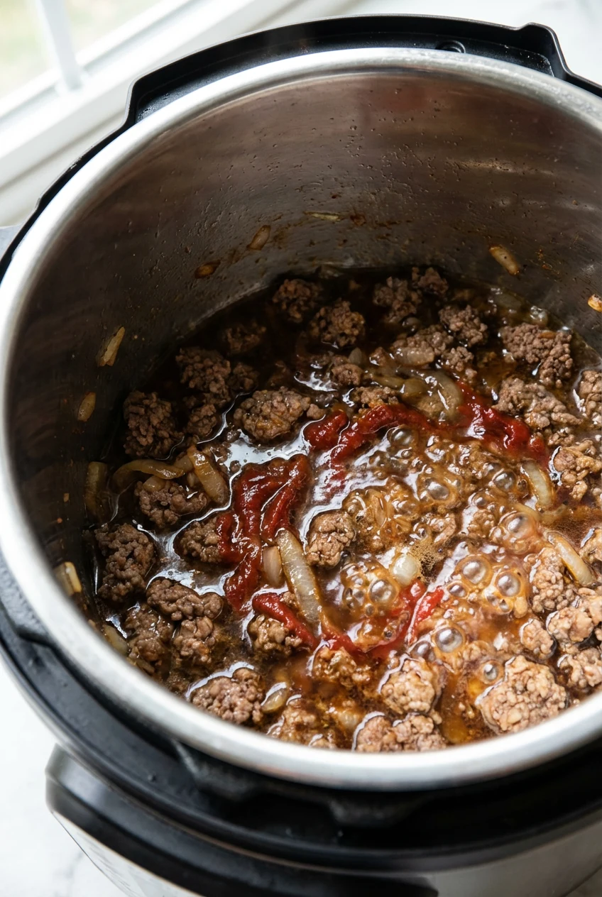 Close-up of the Instant Pot insert during deglazing for Instant Pot Ground Beef and Potatoes: browned beef and softened 