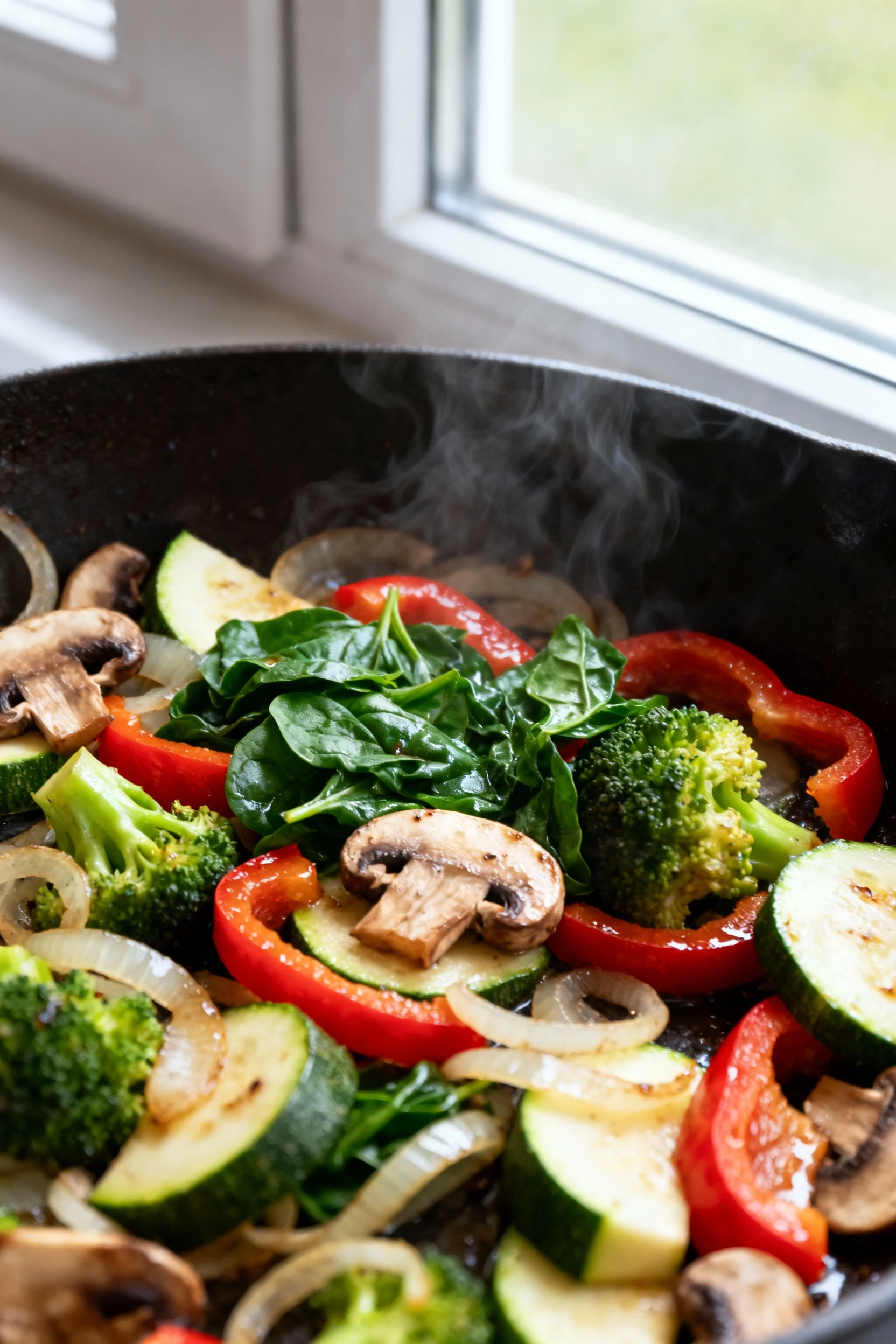 Food photography, 1. Close-up of sautéed onion, red bell pepper, zucchini, broccoli, and mushrooms with wilted spinach i