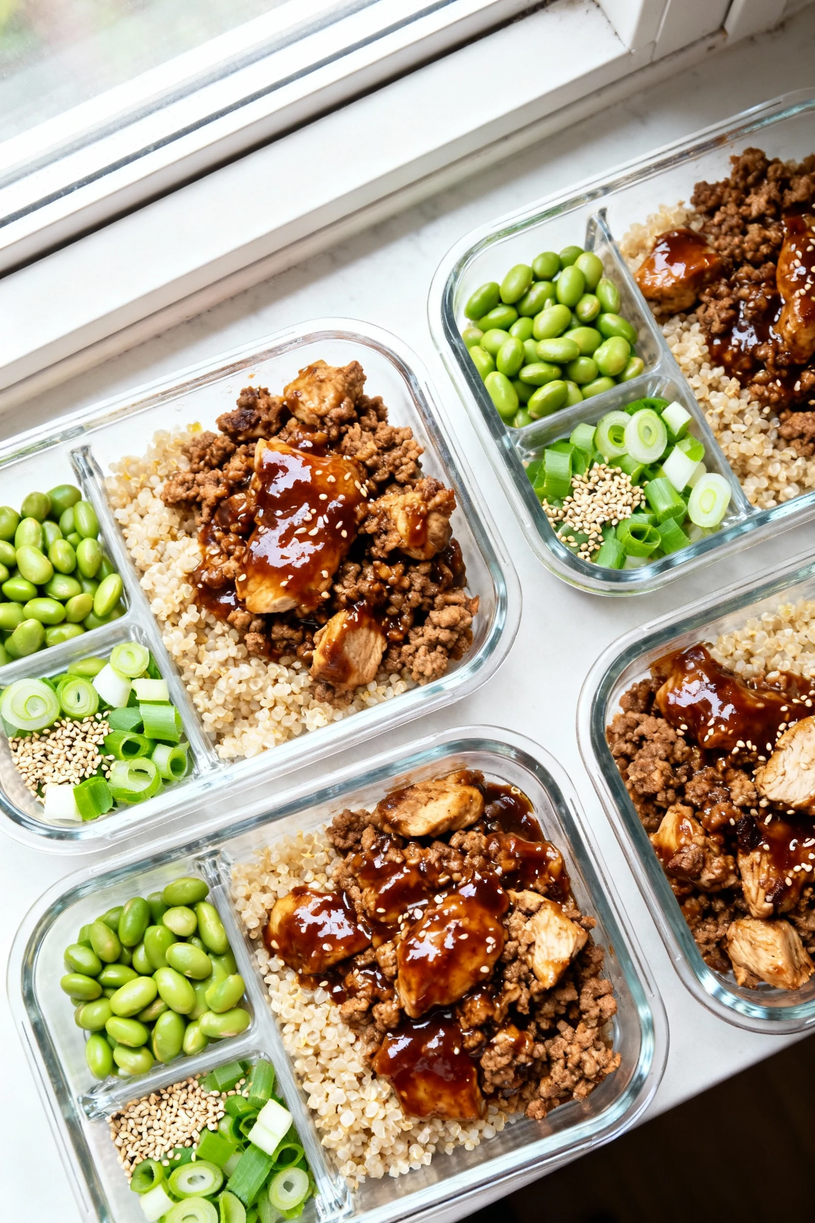 Overhead shot of Teriyaki Asian ground turkey meal prep bowls—glossy teriyaki-glazed turkey over quinoa, steamed edamame